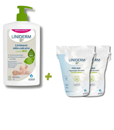 Pack Liniderm BIO + Pads – Liniment Oléo-Calcaire 1L + 2 x 180 Cotons Bio
