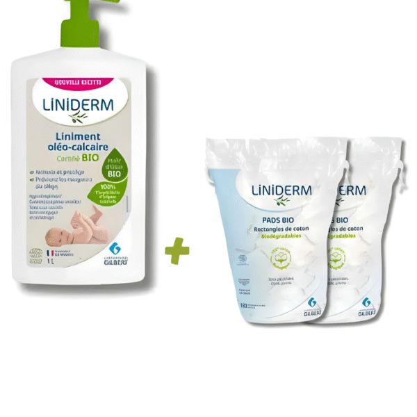 Pack Liniderm BIO + Pads – Liniment Oléo-Calcaire 1L + 2 x 180 Cotons Bio